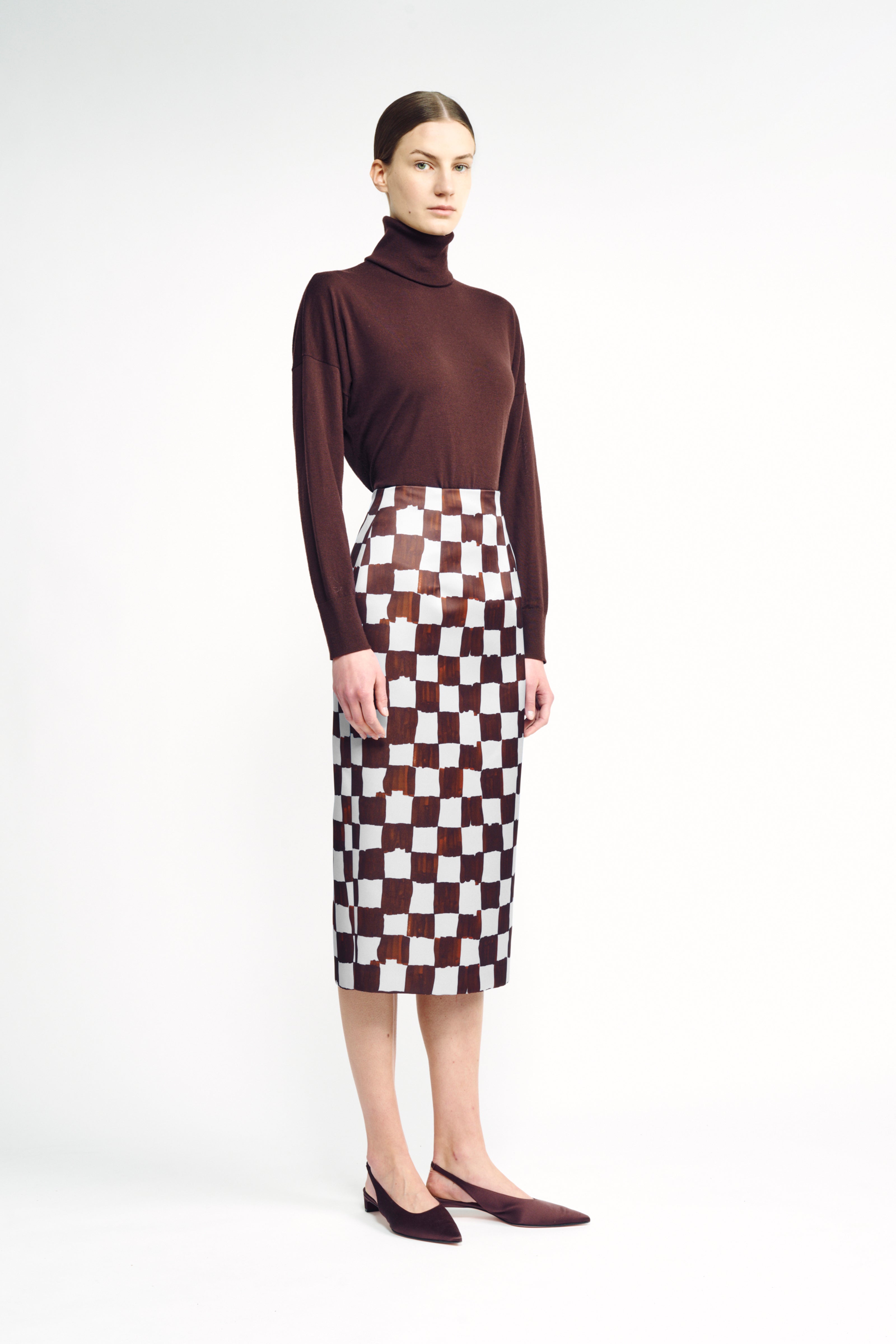 Leah Skirt | Ivory and Brown Checkerboard Print Pencil Skirt | Emilia ...