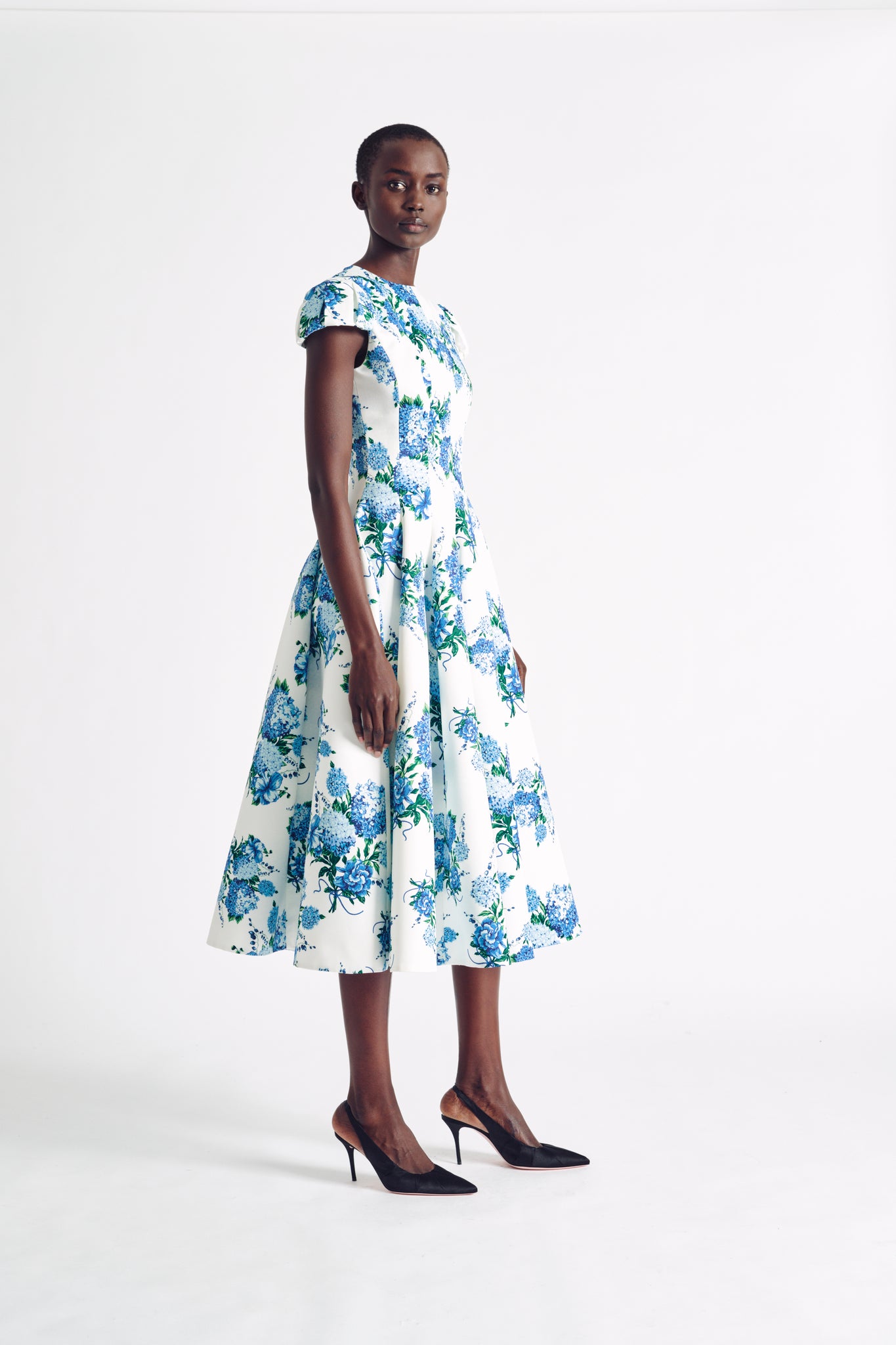 Lecia Dress | Blue Hydrangea Floral Print Fit and Flare Cap Sleeve Dress| Emilia Wickstead
