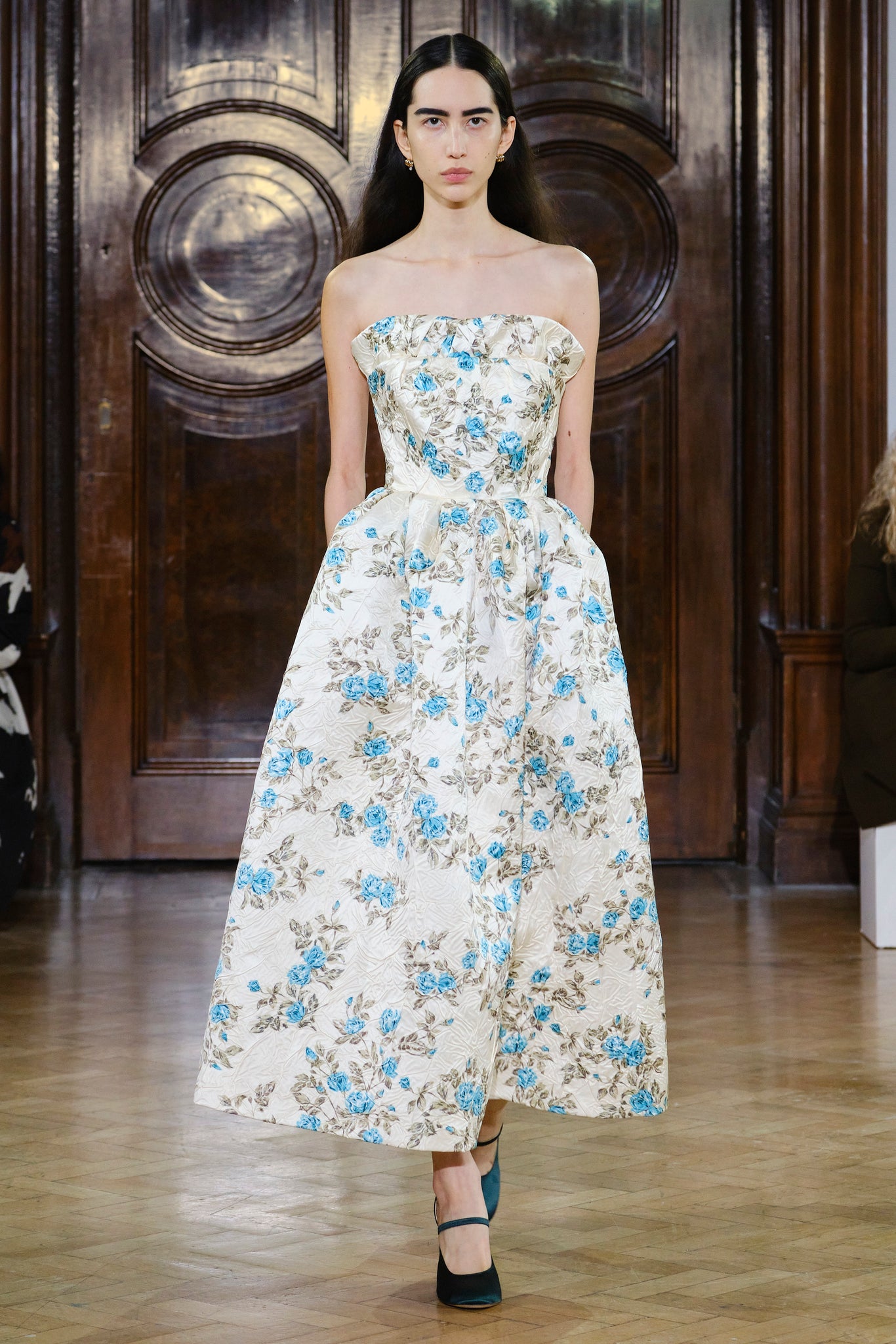Graciela Strapless Dress in Turquoise Floral Crushed Italian Duchess Satin Graciela Strapless Dress in Turquoise Floral Crushed Italian Duchess Satin