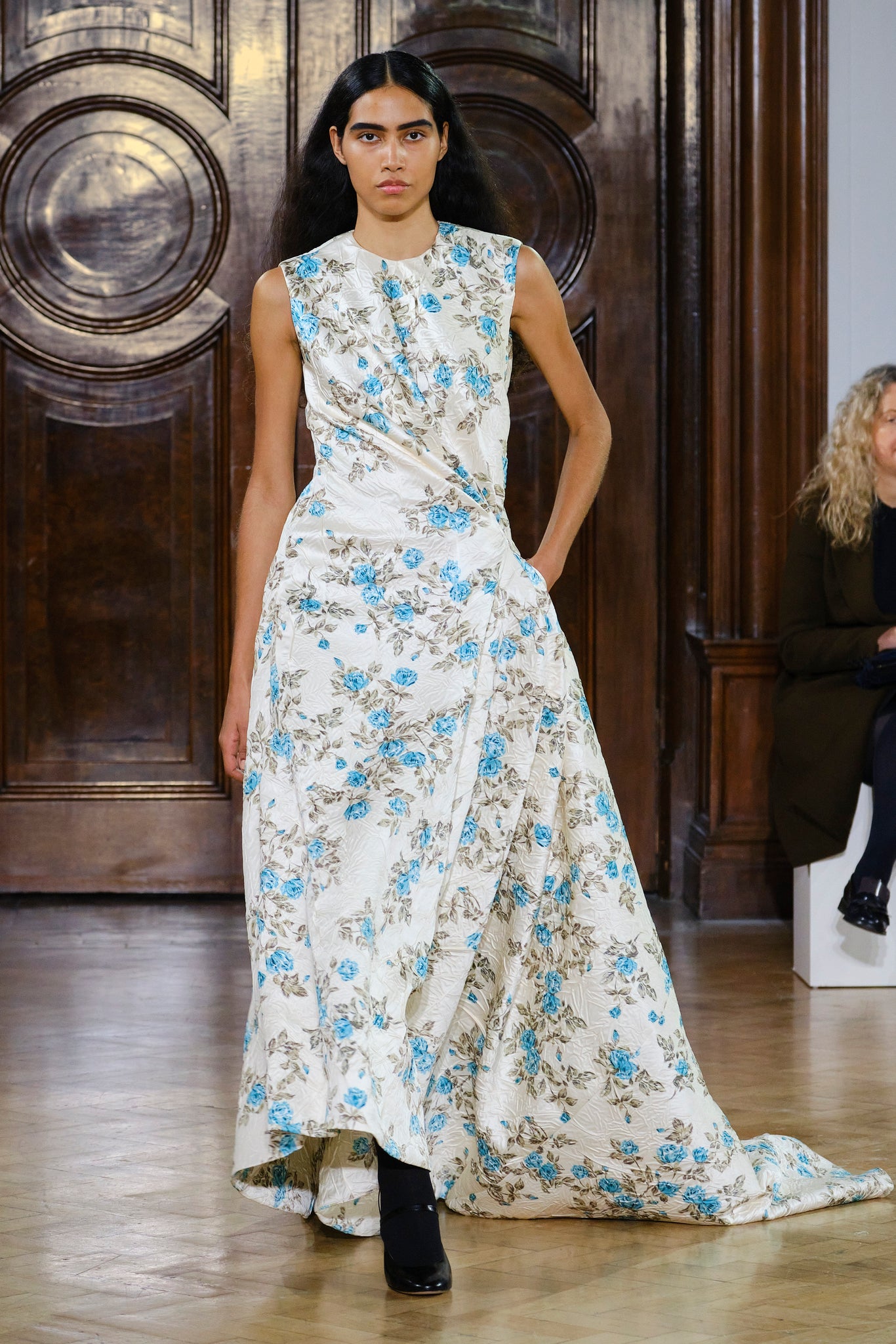 Este Turquoise Floral Printed Crushed Duchess Satin Dress