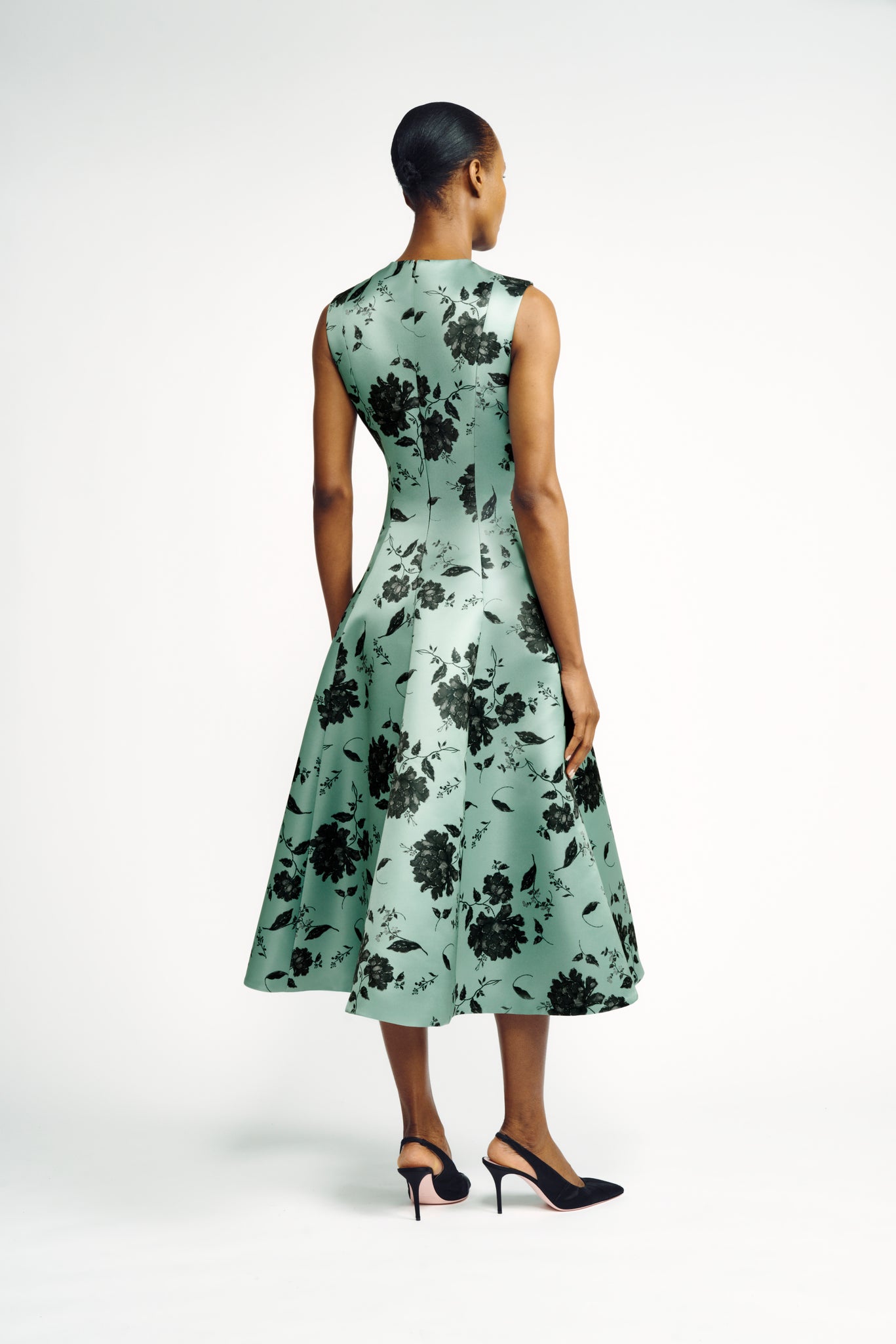 Mara Dress | Pistachio and Black Floral Printed Sleeveless Fit-and-Flare Dress | Emilia Wickstead