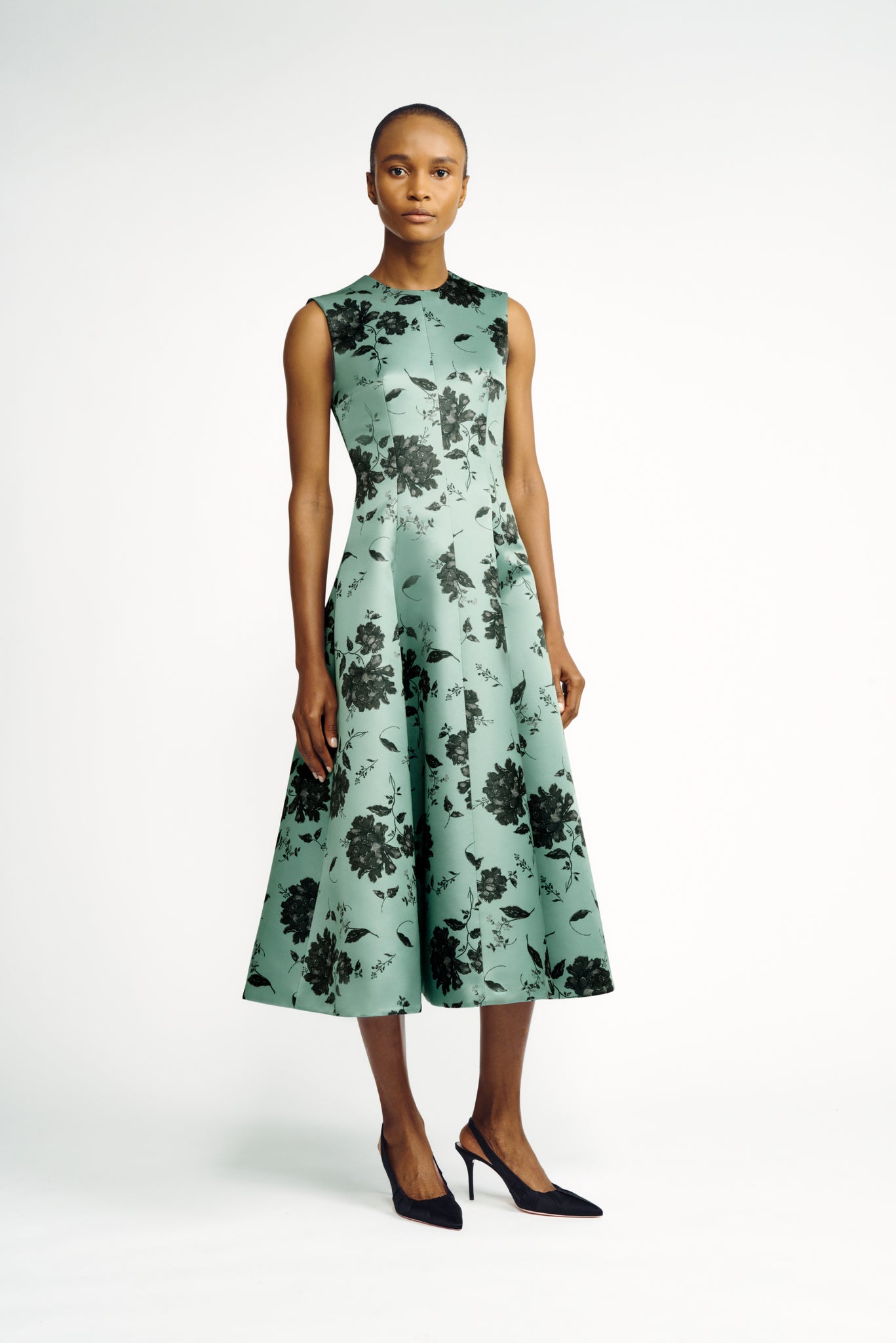 Mara Dress | Pistachio and Black Floral Printed Sleeveless Fit-and-Flare Dress | Emilia Wickstead