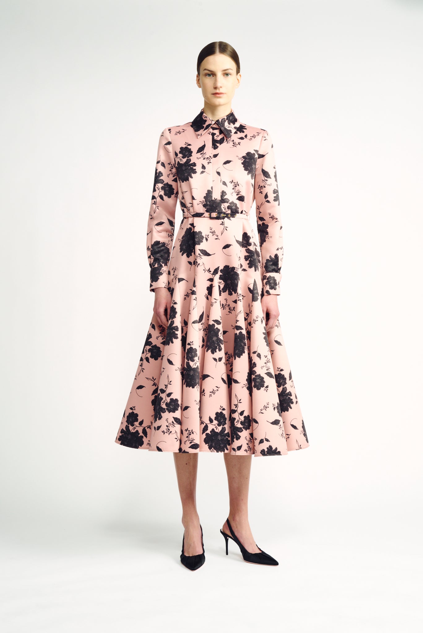 Marion Dress | Pink & Black Floral Printed Fit-and-Flare Long Sleeve Dress | Emilia Wickstead
