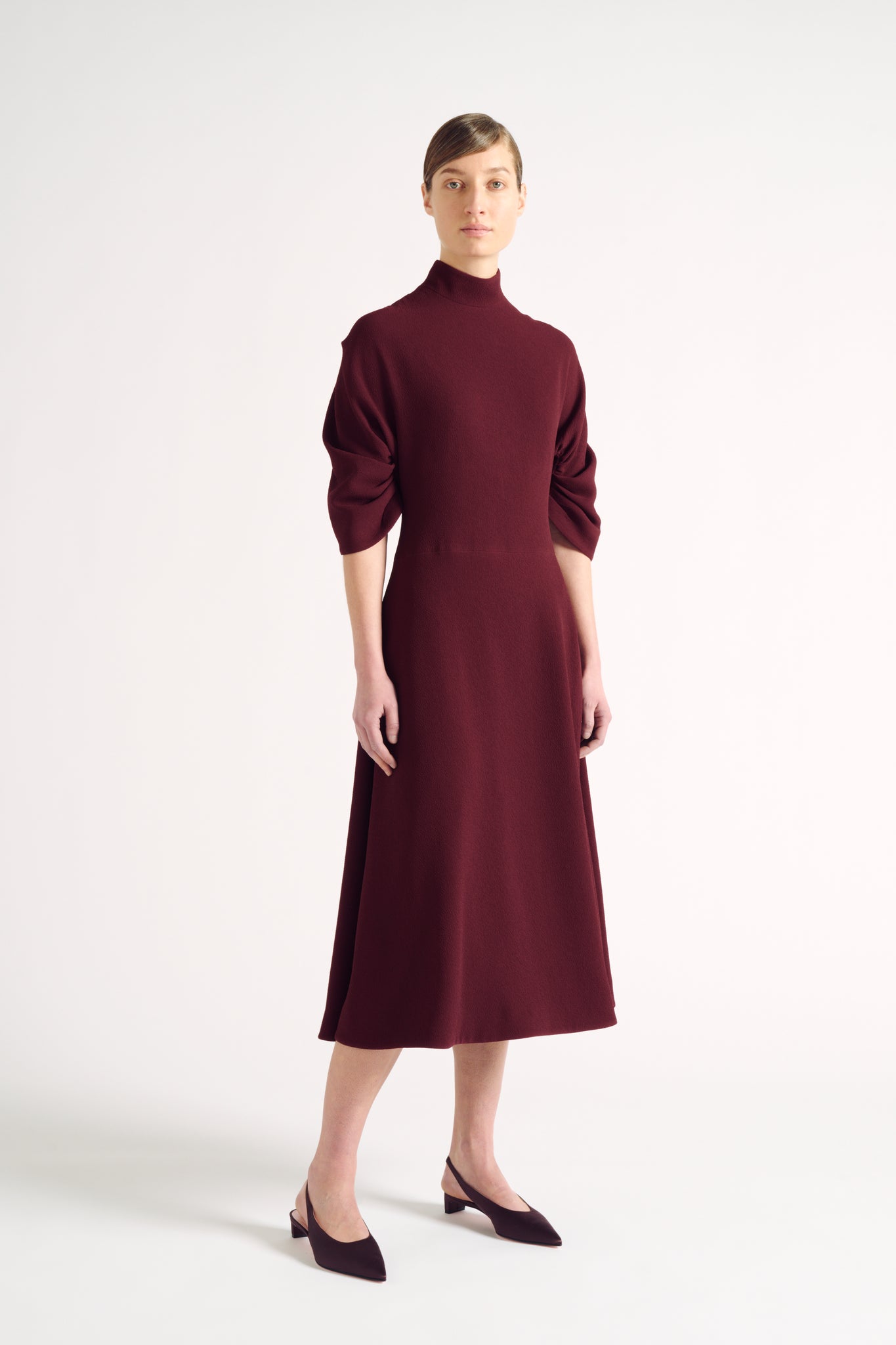 Marvel Dress| Burgundy Double Crepe Gathered Sleeve Dress | Emilia Wickstead