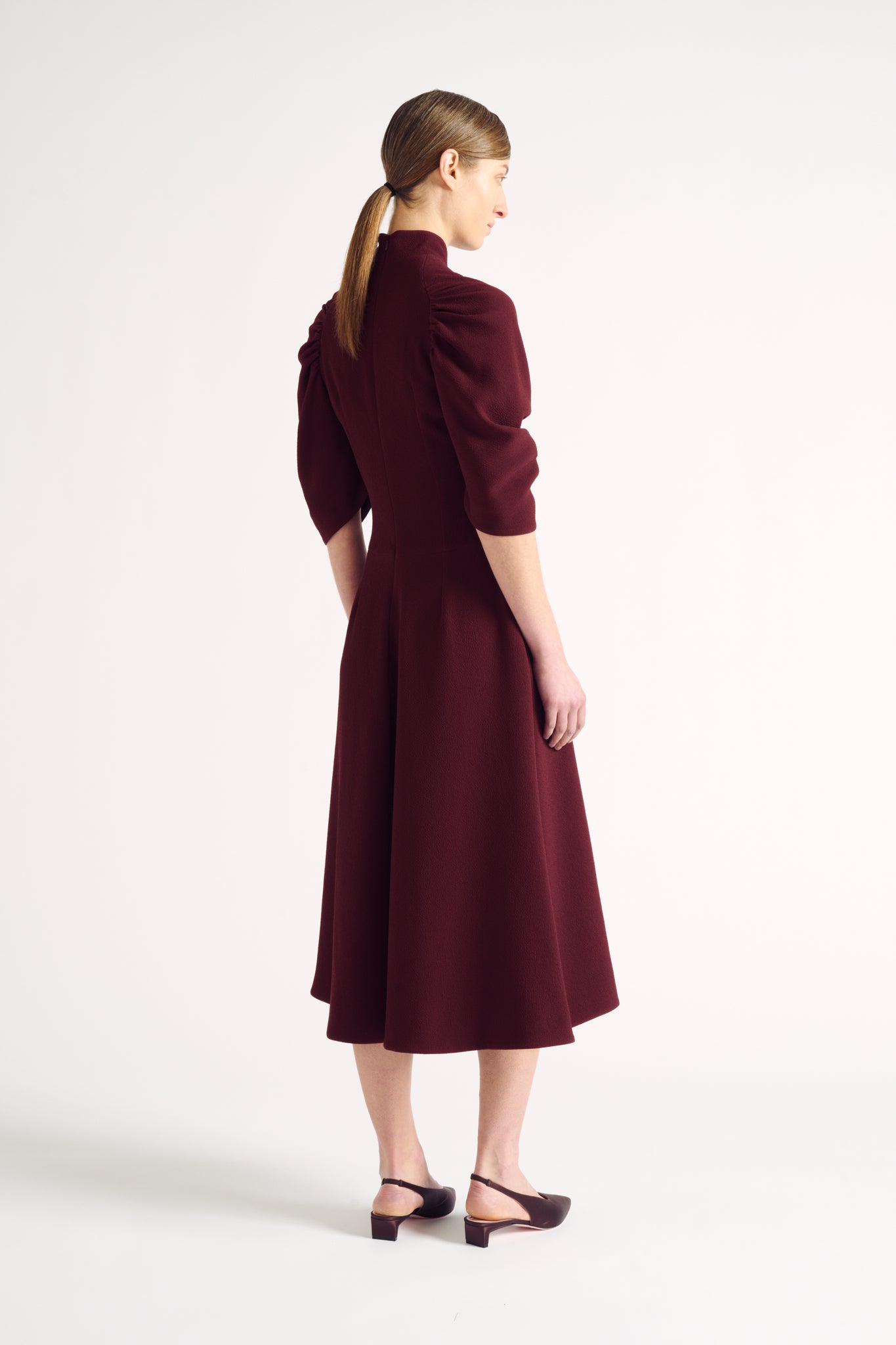 Marvel Dress| Burgundy Double Crepe Gathered Sleeve Dress | Emilia Wickstead