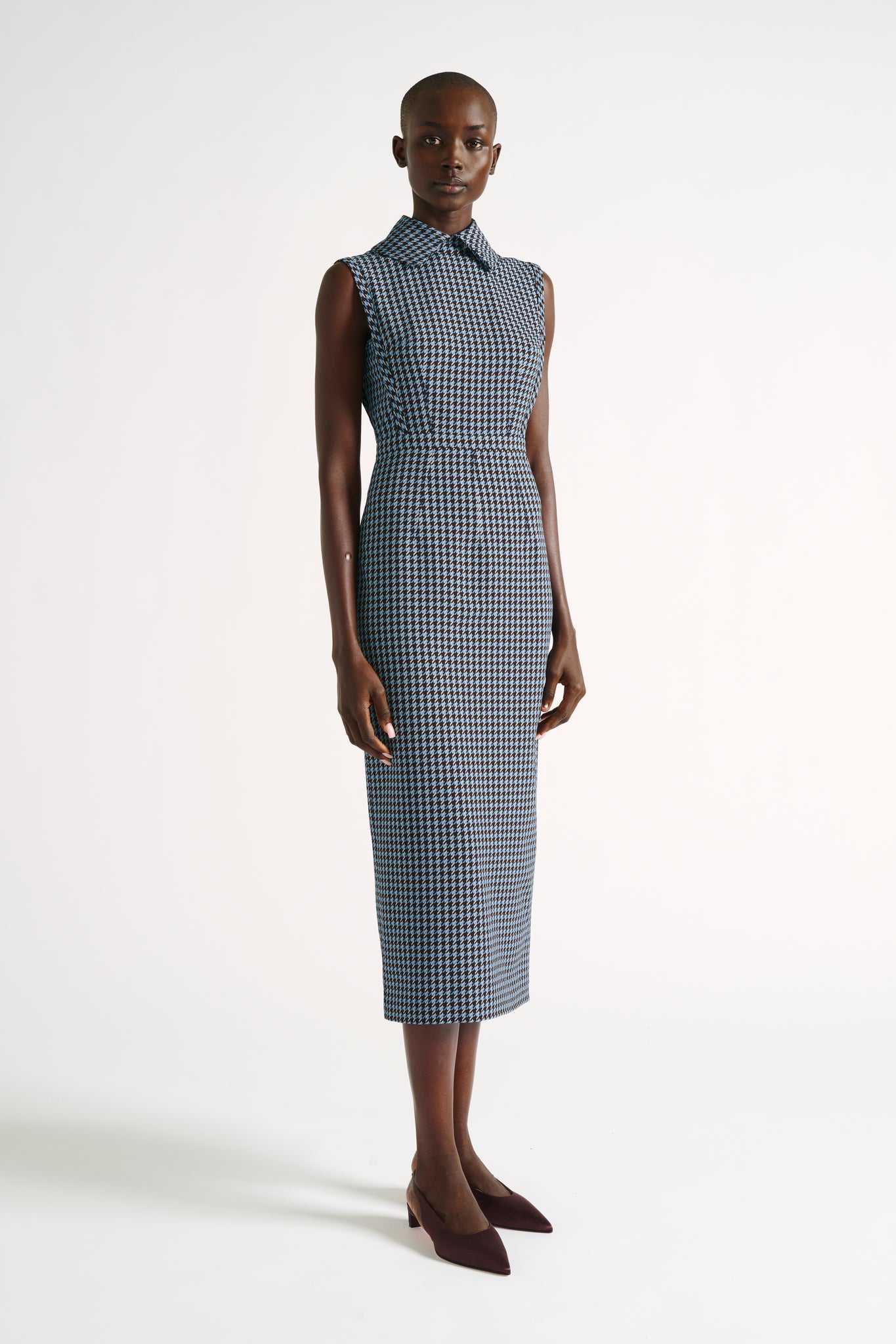 Miles Dress | Blue Houndstooth Pencil Dress in Crepe Georgette | Emilia Wickstead