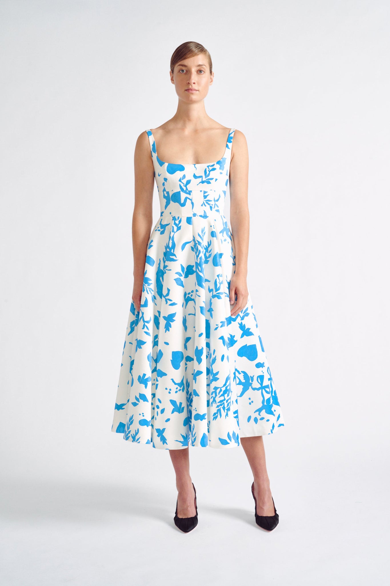 Mona Dress | Blue Print Fit-and-Flare Midi Dress | Emilia Wickstead