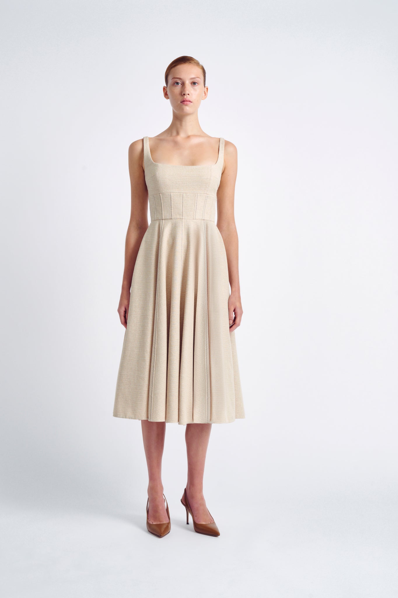 Mona Dress | Beige Denim Fit-and-Flare Dress | Emilia Wickstead