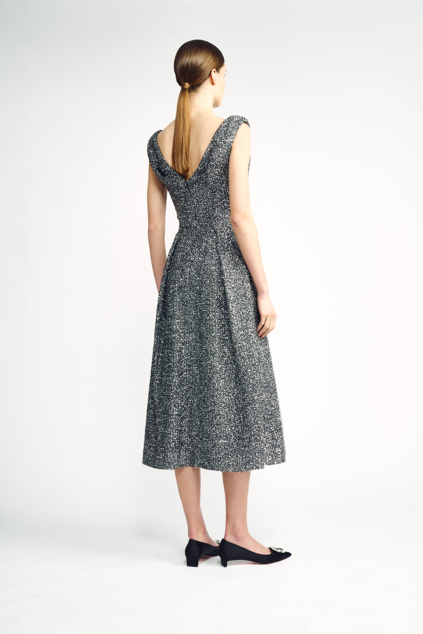 Odelia Dress | Silver Lame Tweed V-Neck Fit-and-Flare Dress | Emilia Wickstead