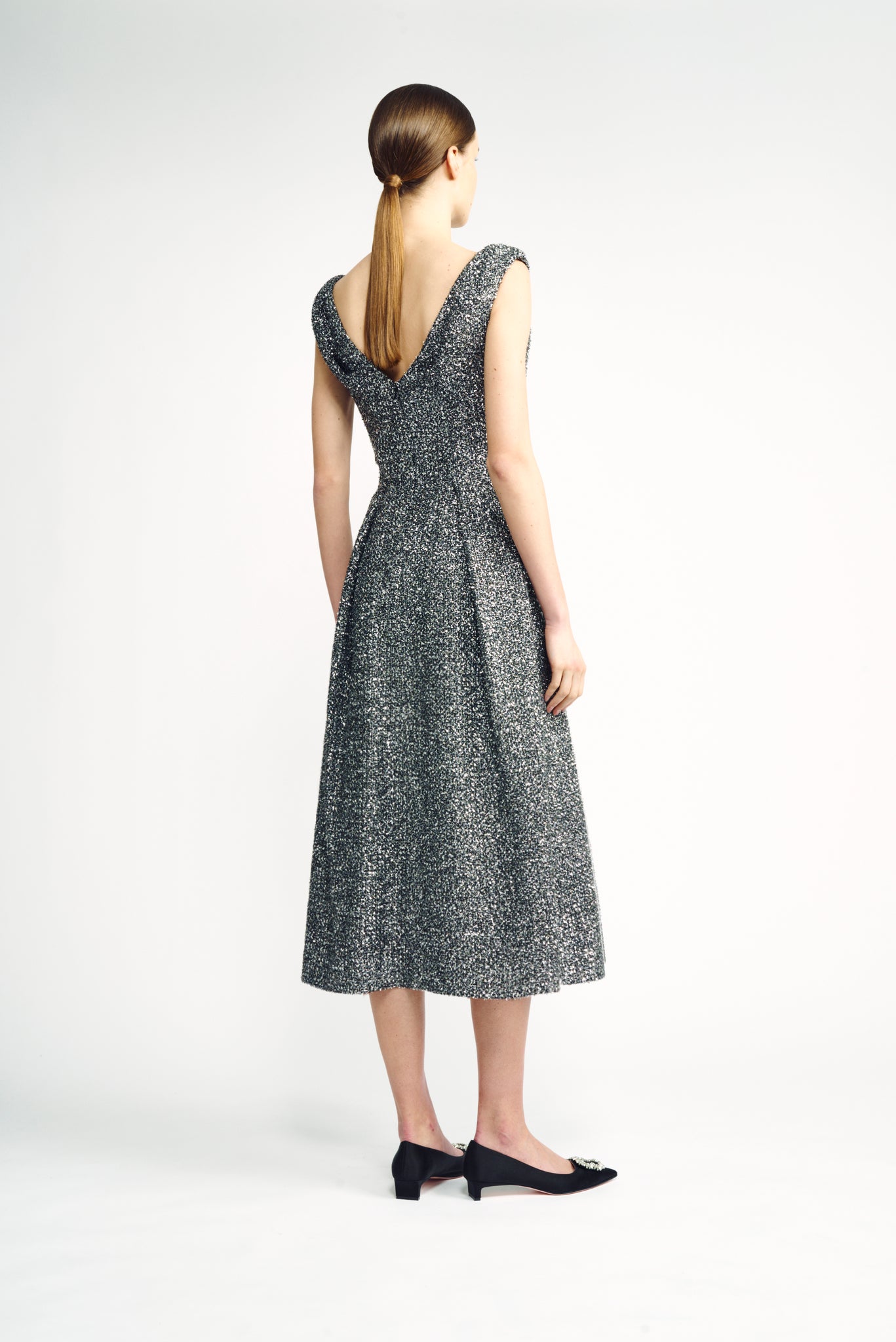 Odelia Dress | Silver Lame Tweed V-Neck Fit-and-Flare Dress | Emilia Wickstead Odelia Dress | Silver Lame Tweed V-Neck Fit-and-Flare Dress | Emilia Wickstead