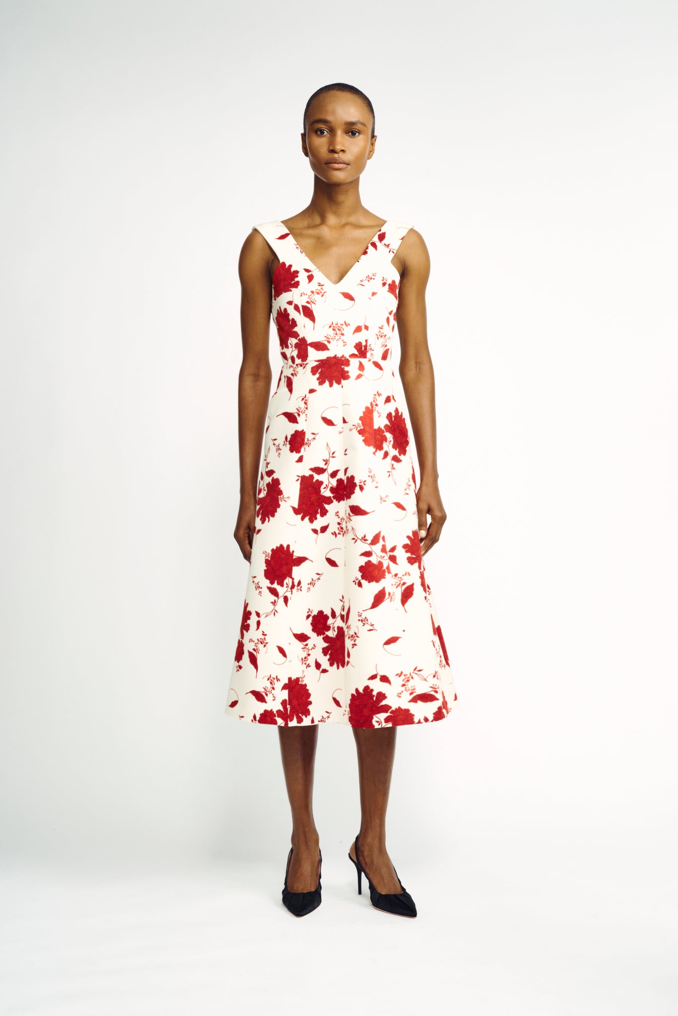Petrova Dress | Red & Ivory Floral Printed V-Neck Midi Dress | Emilia ...