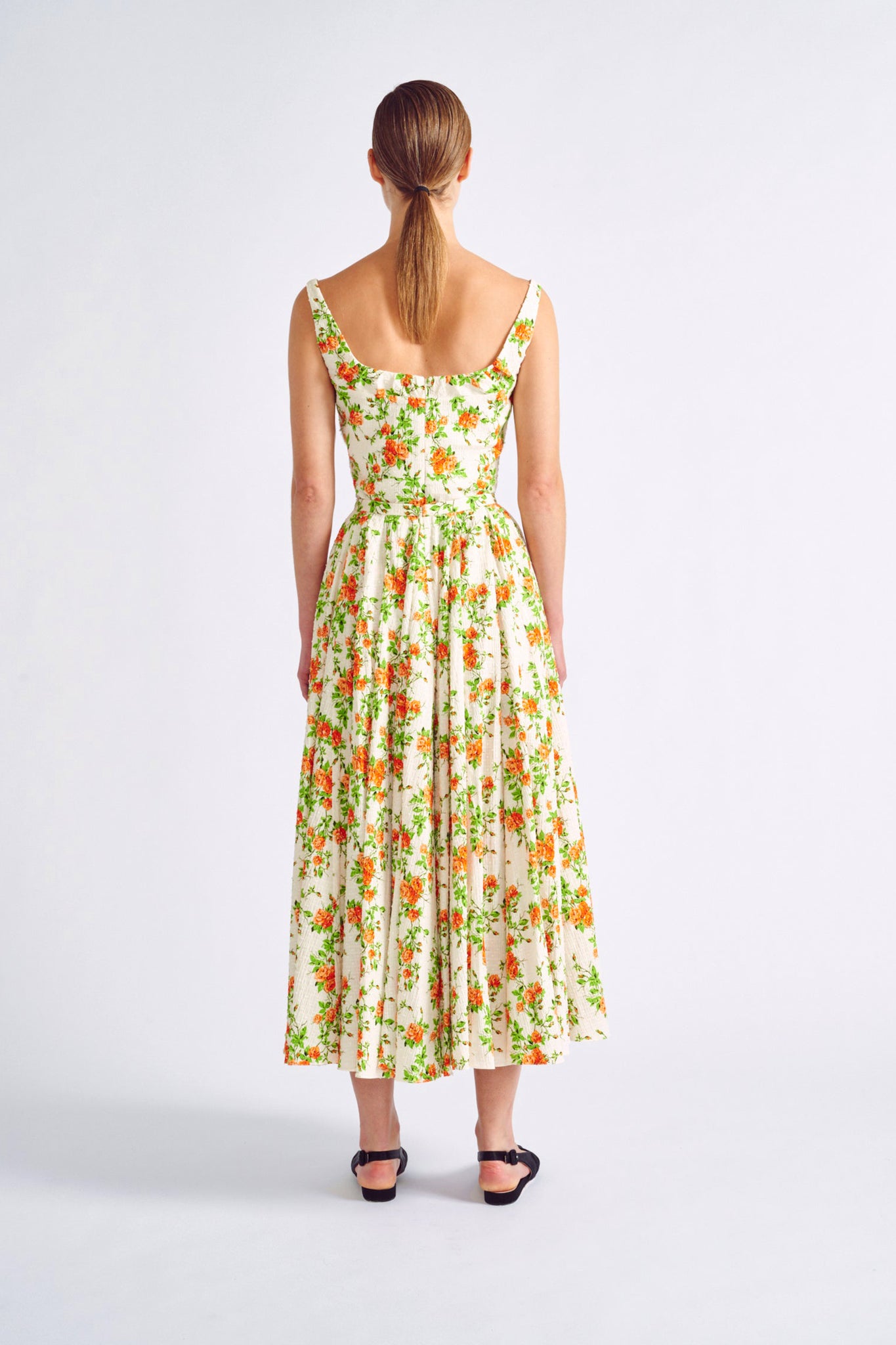 Rhea Skirt | Orange Floral Printed Midi Skirt in Cotton | Emilia Wicks