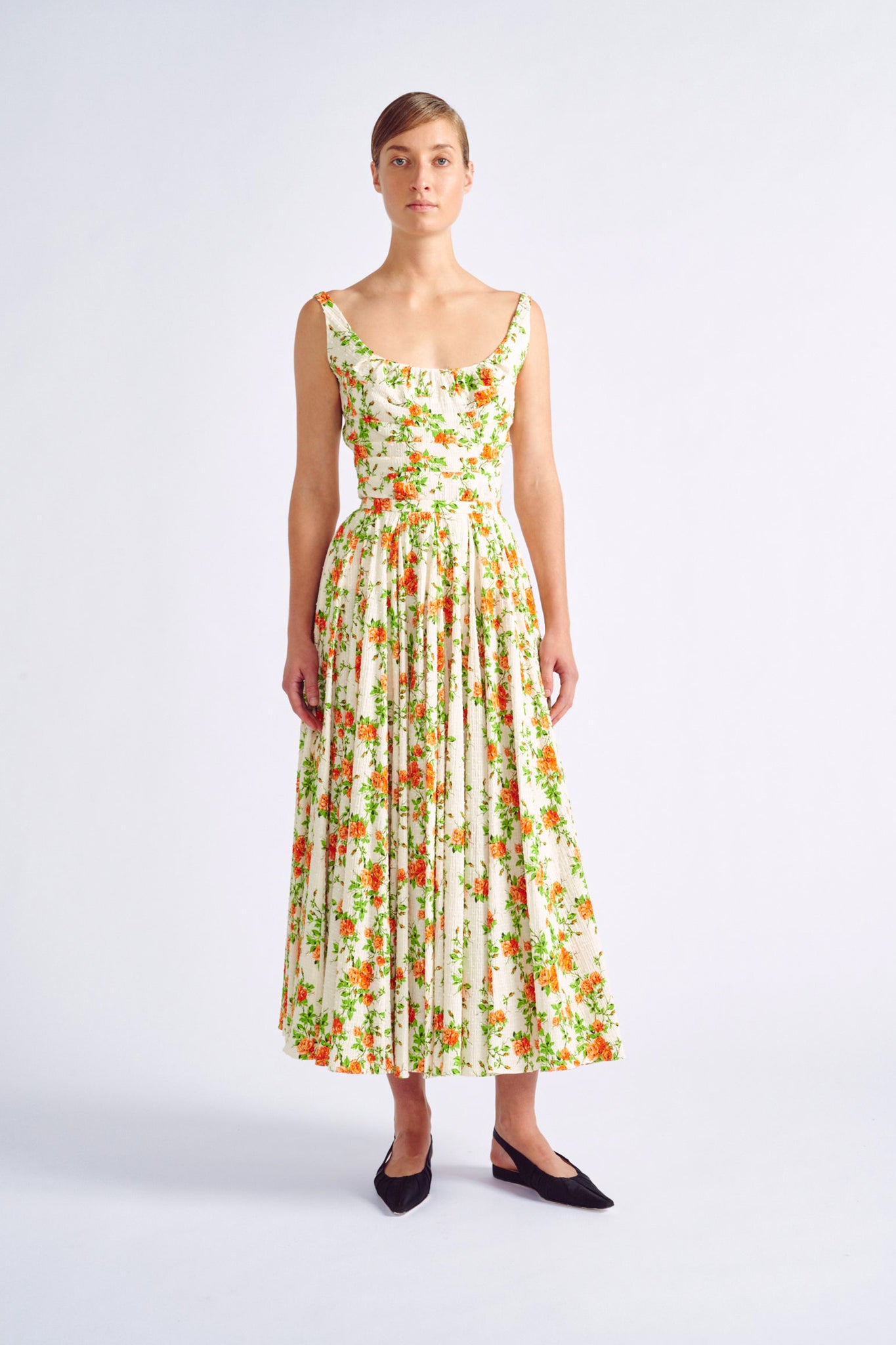 Rhea Skirt | Orange Floral Printed Midi Skirt in Cotton | Emilia Wicks