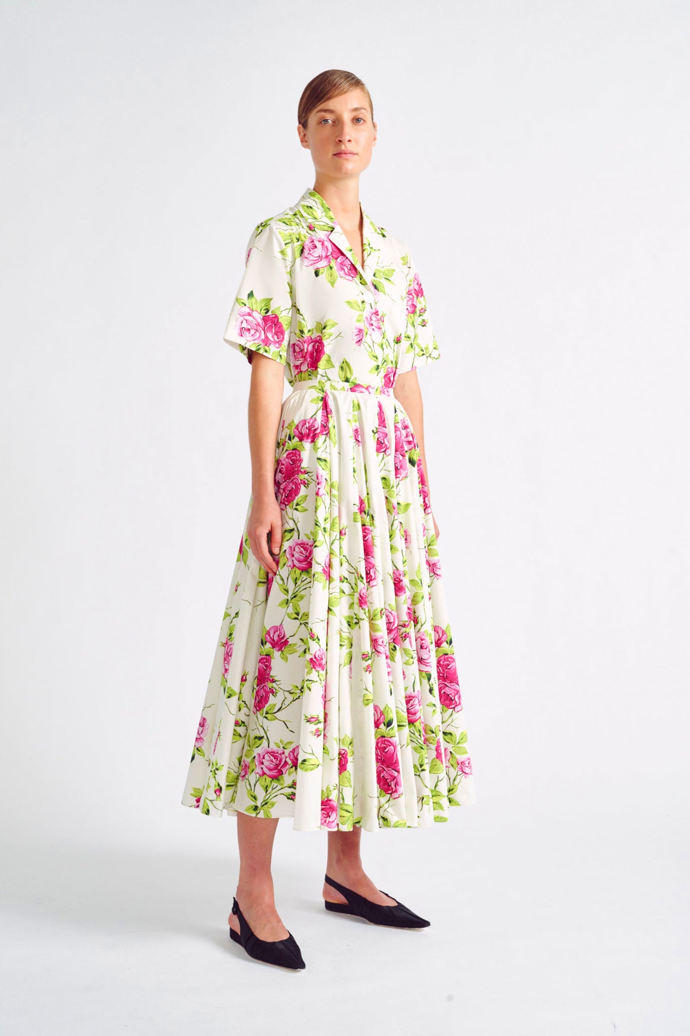 Rhea Skirt | Pink Floral Printed Cotton Midi Skirt | Emilia Wickstead