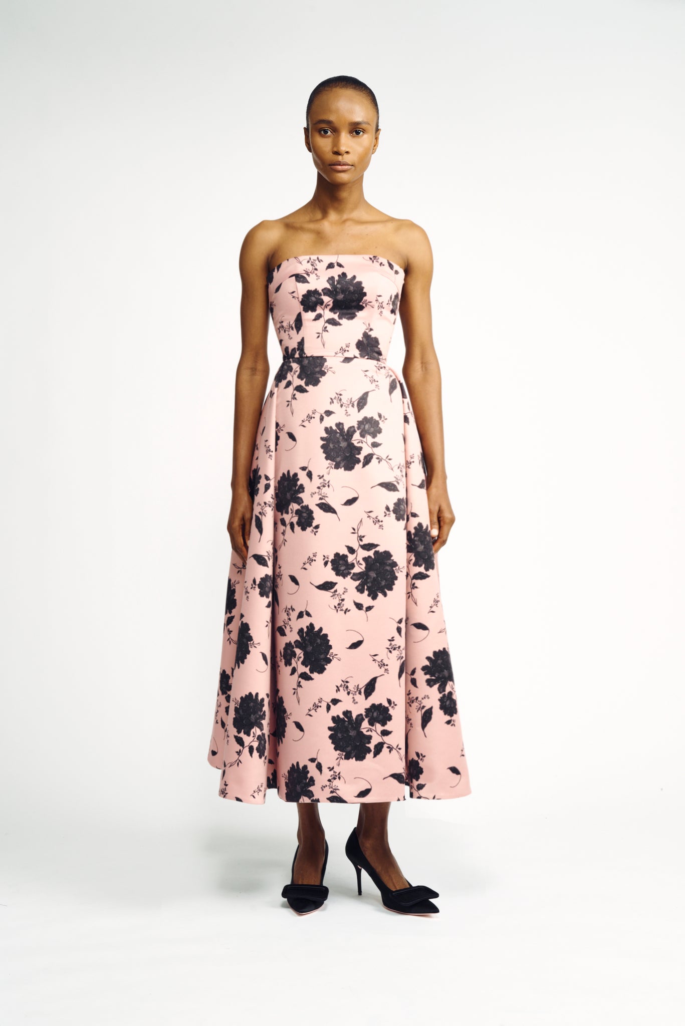 Samuelle Dress | Pink and Black Floral Printed Strapless Fit-and-Flare Dress Samuelle Dress | Pink and Black Floral Printed Strapless Fit-and-Flare Dress