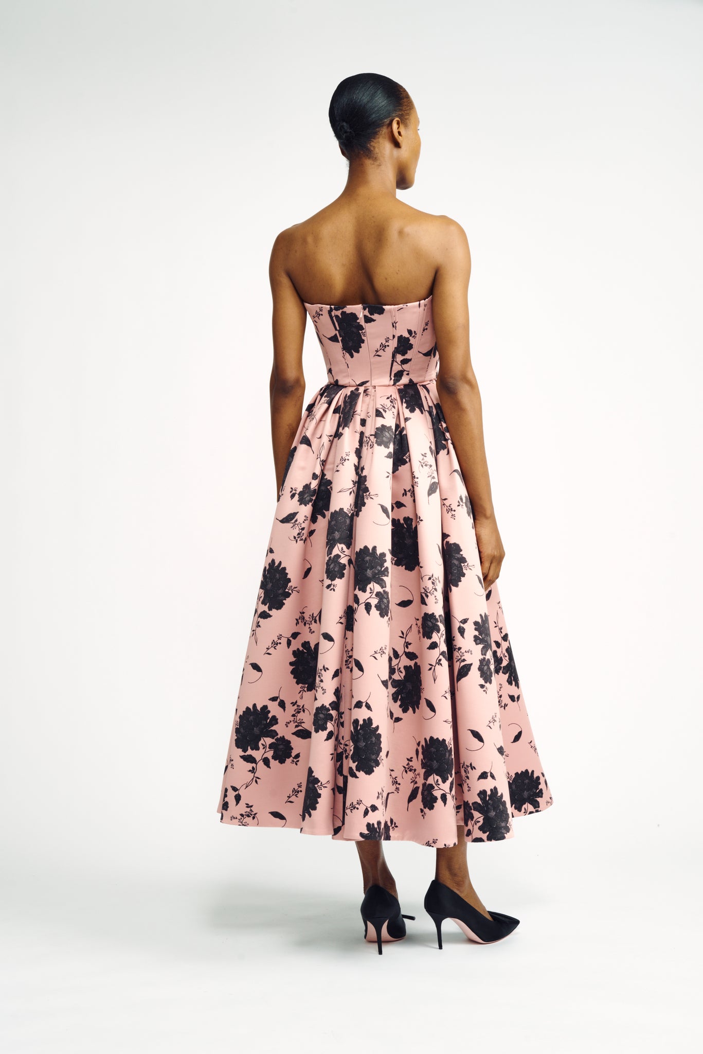 Samuelle Dress | Pink and Black Floral Printed Strapless Fit-and-Flare Dress | Emilia Wickstead