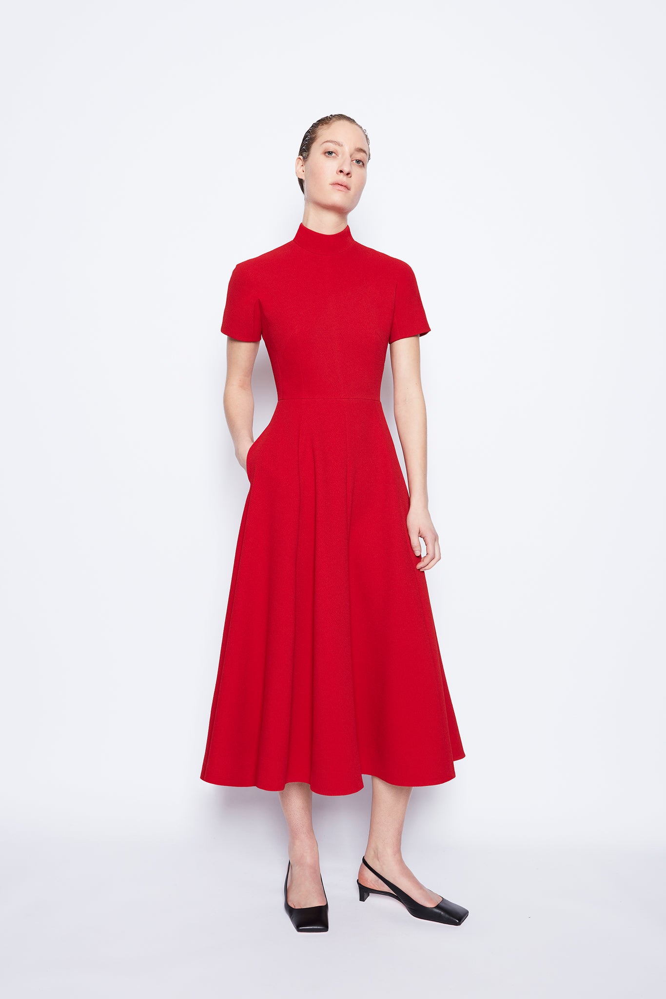 Camilla Dress | Red Crepe High Neck Short Sleeve Dress | Emilia Wickstead