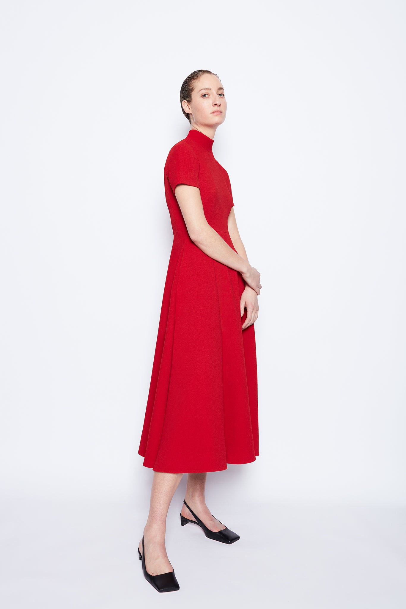 Camilla Dress | Red Crepe High Neck Short Sleeve Dress | Emilia Wickstead