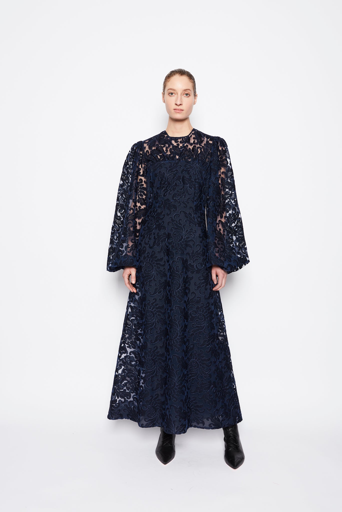 Carmelita Dress | Navy Blue Long Sleeve Lace Gown | Emilia Wickstead