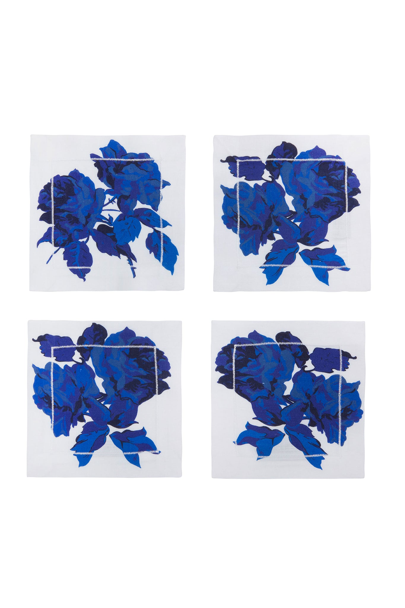 SET OF 4 LINEN COCKTAIL NAPKINS| Blue Roses White Linen | Emilia Wickstead
