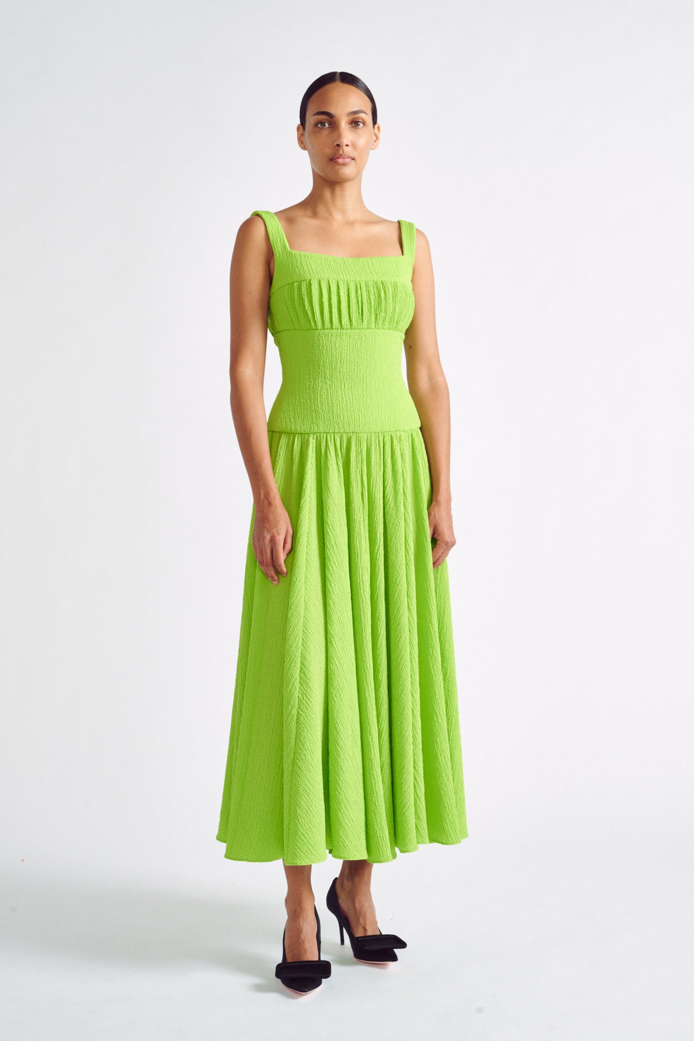Mina Dress | Lime Green Midi Dress in Crepe Seersucker | Emilia Wickstead