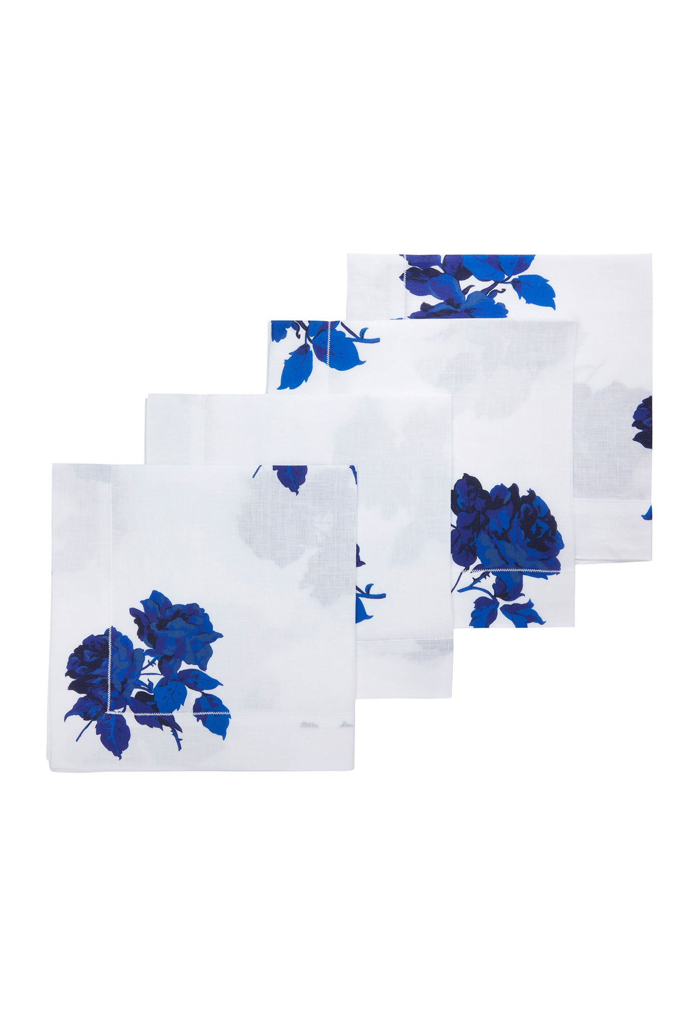 SET OF 4 PRINTED NAPKINS| Blue Roses White Linen | Emilia Wickstead