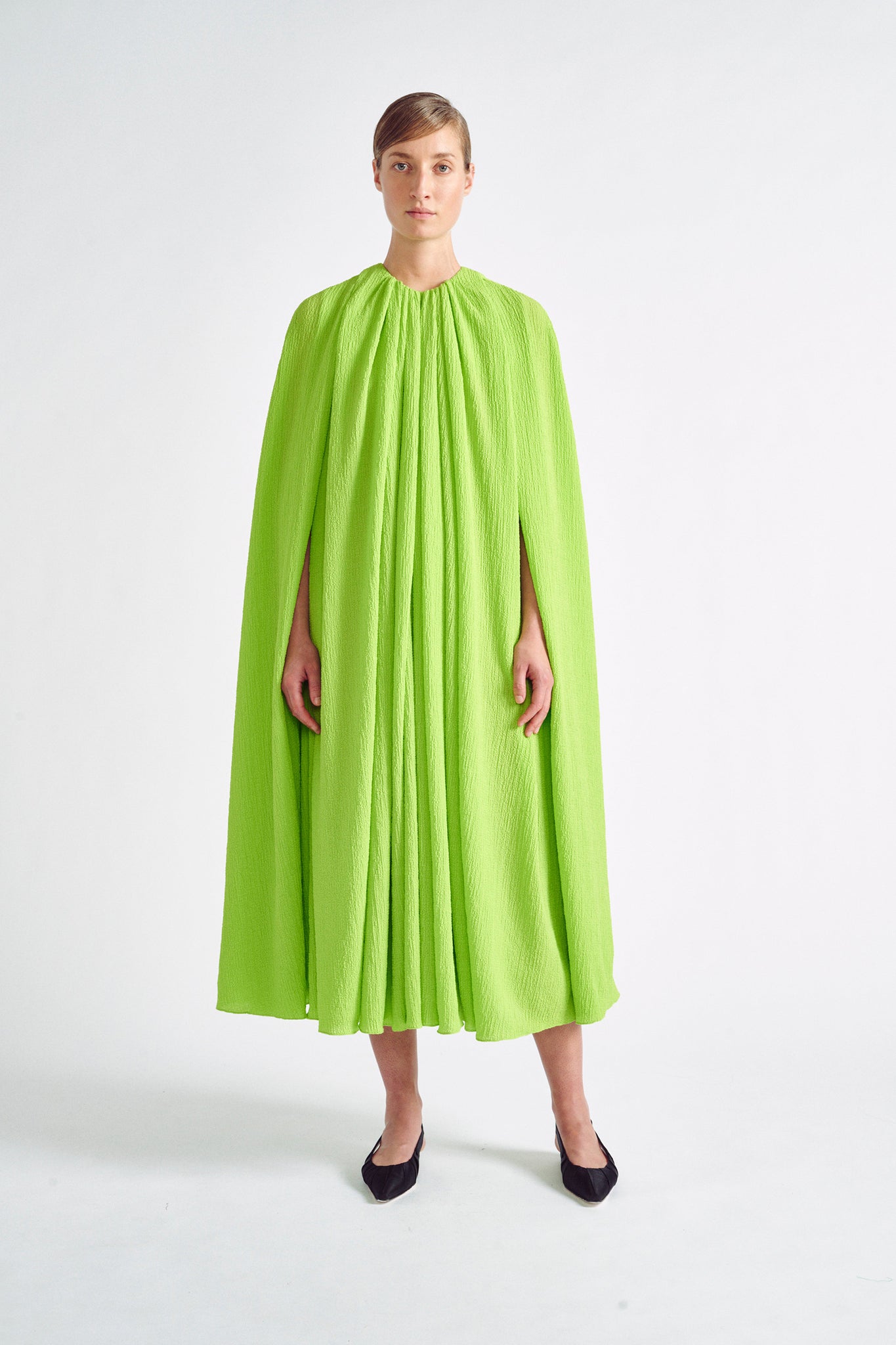Olivette Dress | Lime Green Cape Dress in Crepe Seersucker | Emilia Wickstead