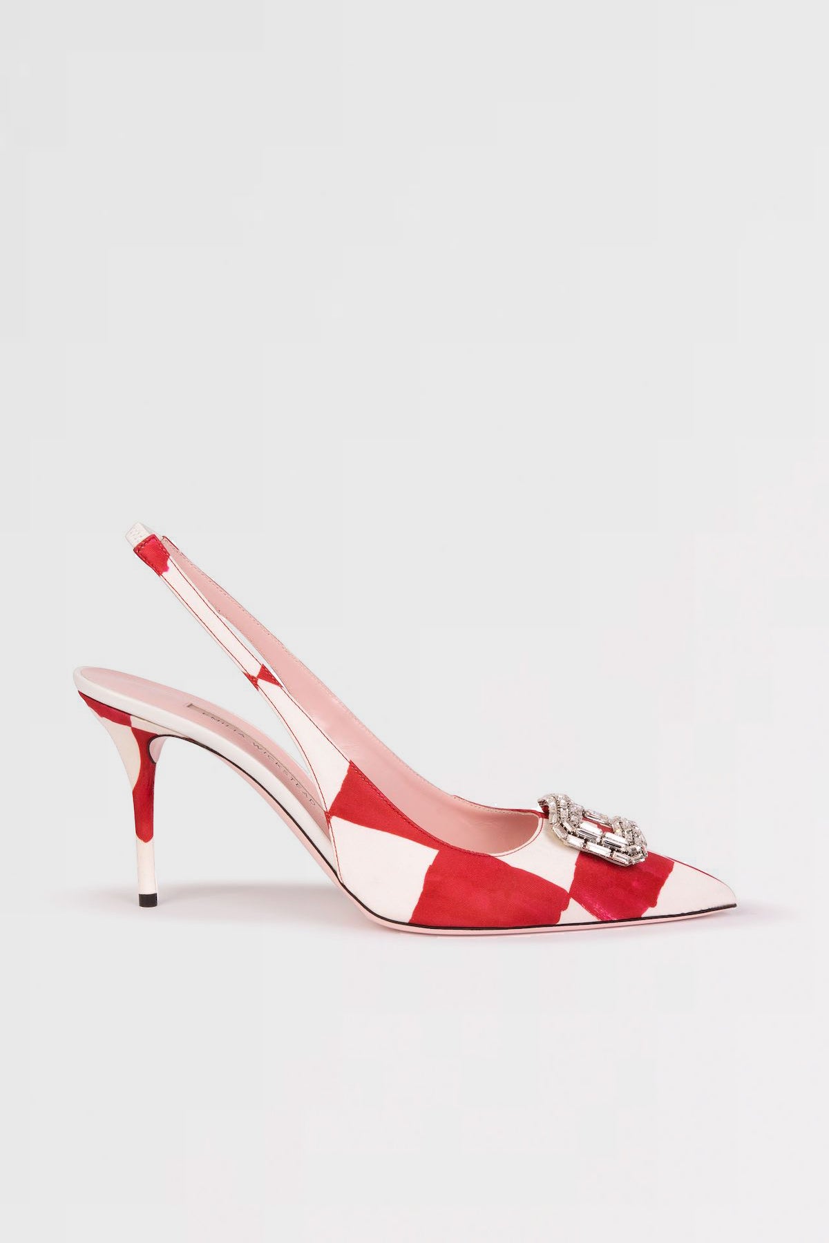 Paloma High Heels | Red Checkerboard Print Sling-Back Heels with Crystal Buckle | Emilia Wickstead