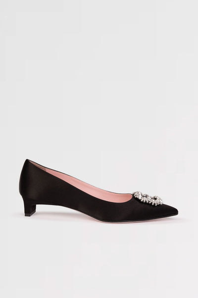 Leith Black Satin Kitten Heel Slingback Pumps